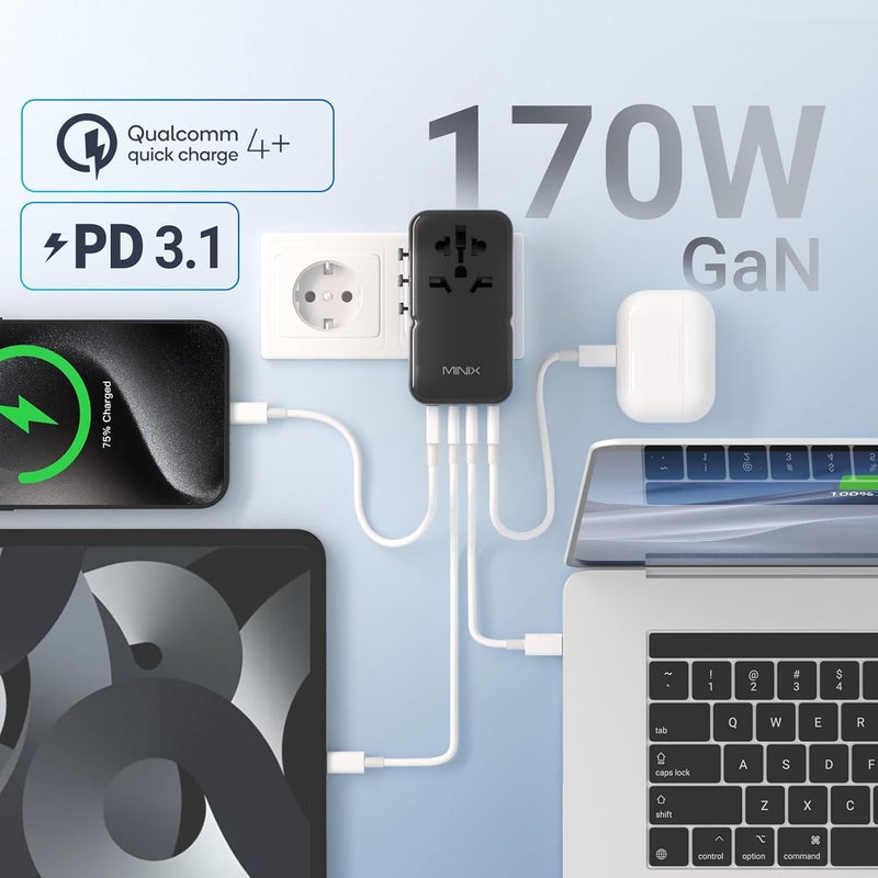 Minix 170W Universal Travel Adapter GaN III Travel Adapter Worldwide with 3 USB-C & 1 USB-A Ports, International Power Adapter Compatible with US/UK/EU/AU for Laptops, Tablets, Phones, Cameras - Image 3